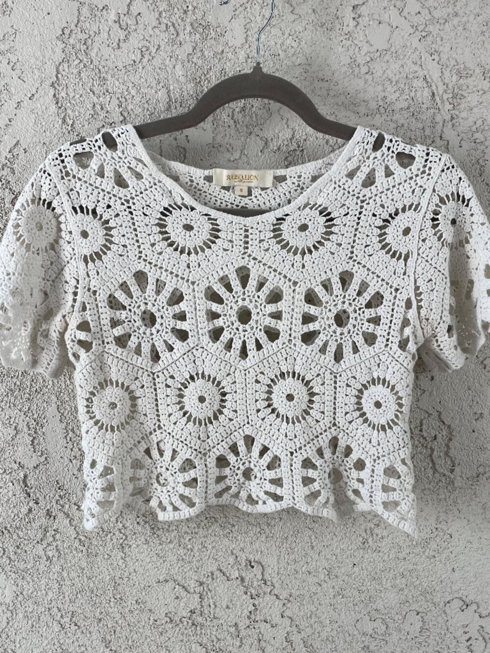 White Crochet Short Sleeve Crop Top Boho Festival Openwork Summer Shirt Small